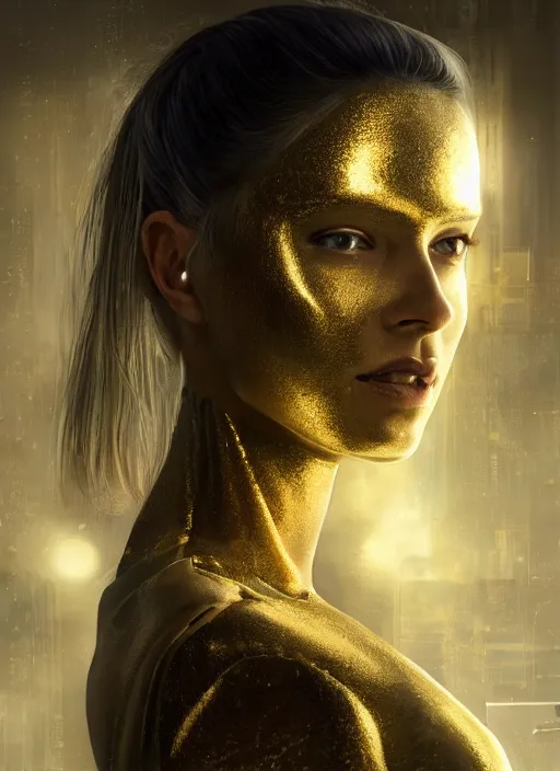 Image similar to Kodak Portra 400, 8K, soft light, volumetric lighting, highly detailed, britt marling style 3/4 ,portrait photo of a beautiful cyborg woman with gold , cyberpunk,sci-fi, fantasy, intricate, elegant, highly detailed, digital painting, artstation, concept art, smooth, sharp focus, illustration, art by artgerm and greg rutkowski and alphonse mucha