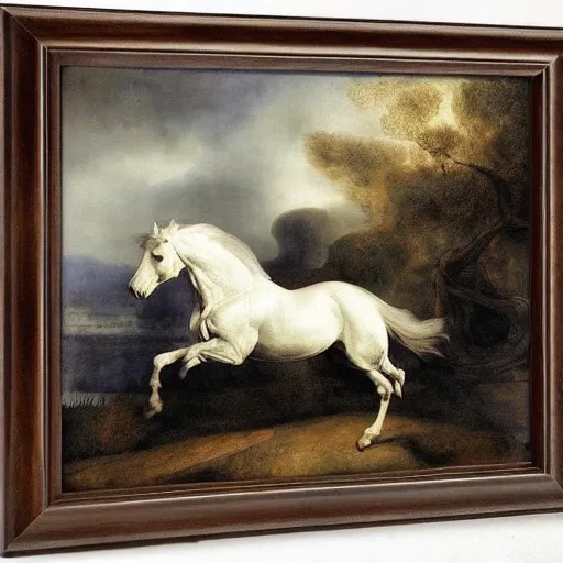 Prompt: rembrandt portrait, white horse galloping through a lakeside forest, night, realistic