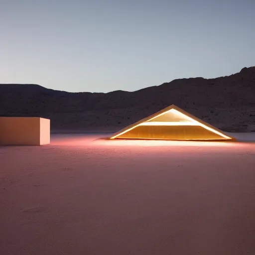 Prompt: big concrete structure in the desert at night, neon lights, minimalist architecture, james turrel,