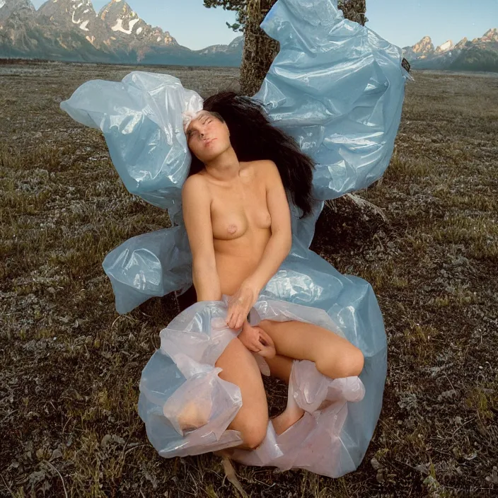 Prompt: a color photograph, closeup portrait of a woman wrapped in plastic, in grand teton national park in wyoming, color photograph, by vincent desiderio, canon eos c 3 0 0, ƒ 1. 8, 3 5 mm, 8 k, medium - format print