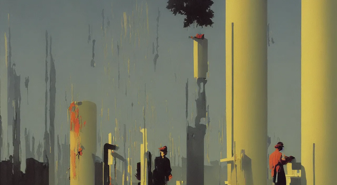 Image similar to single flooded pillar, very coherent and colorful high contrast!! masterpiece by rene magritte simon stalenhag carl spitzweg syd mead norman rockwell edward hopper james gilleard, minimalist, dark shadows, sunny day, hard lighting