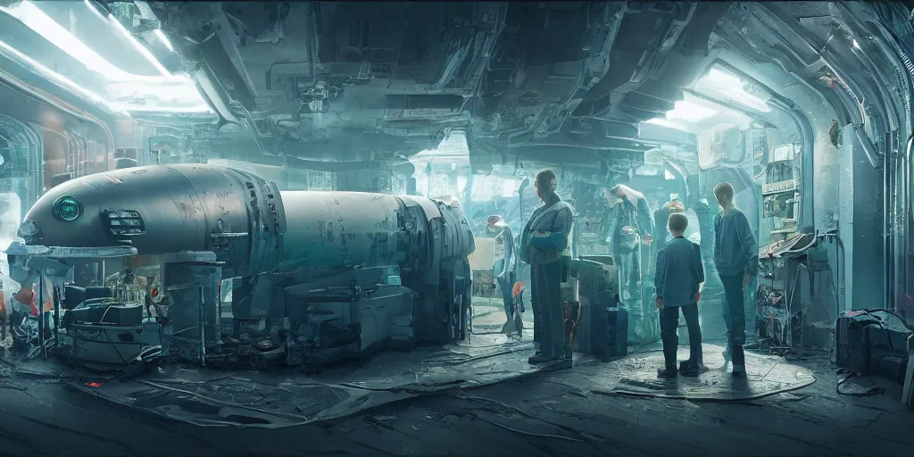 Image similar to photograph of a cyberpunk submarine interior set with a child standing next to lifeless adults. cinematic lighting, color contrast, arri alexa, anamorphic bokeh, professional lighting, 4 k, photographed by erik johansson, graded with davinci resolve