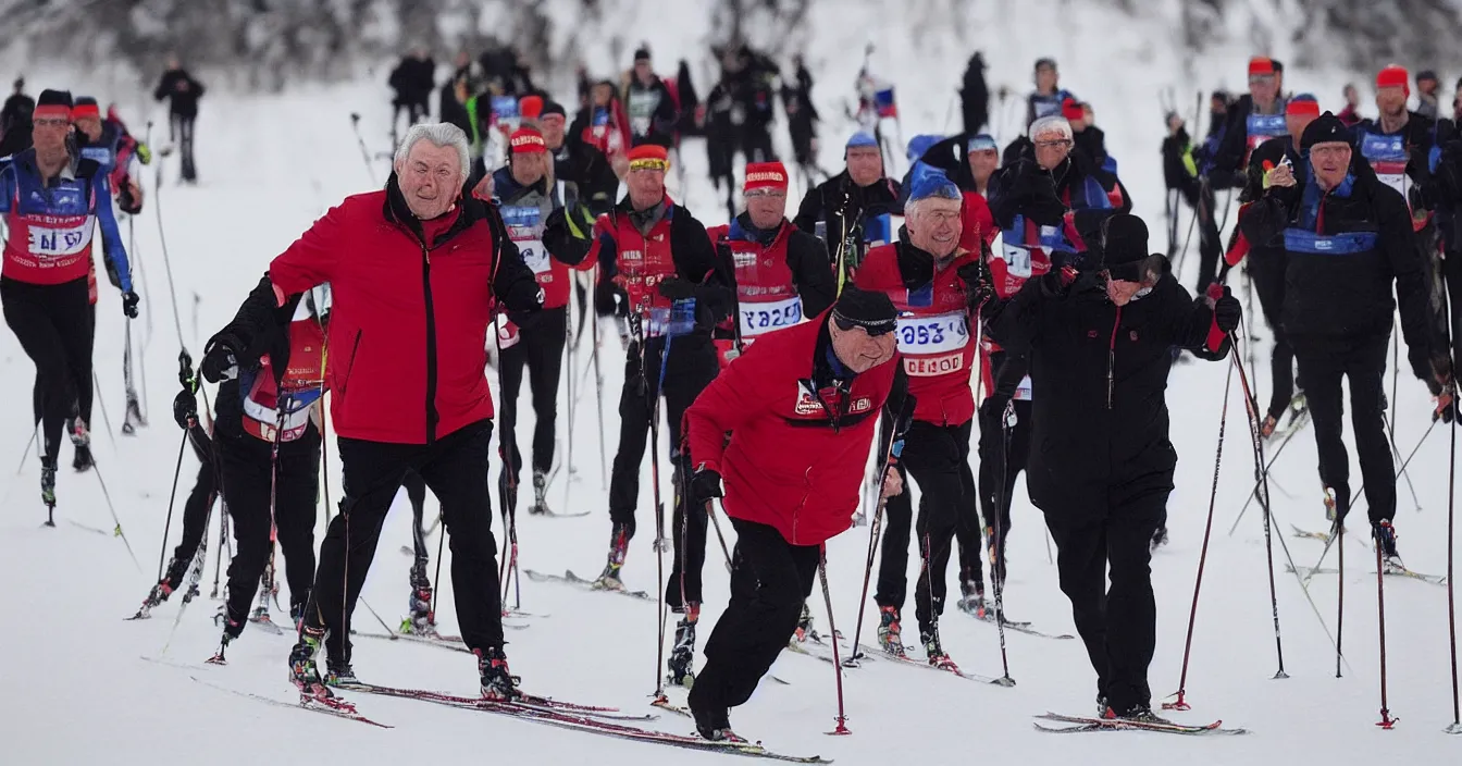 Image similar to czech president milos zeman wins in a race in cross - country skiing, photorealism, journalistic photography, super detail, composition, qualitative photography