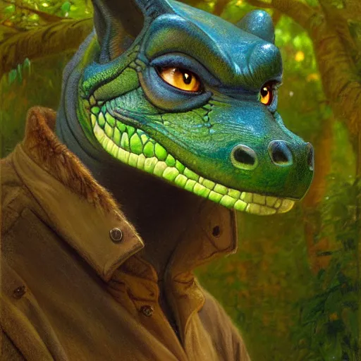 Image similar to a portrait of a male green reptile in farmer clothes at night in a dark forest. zootopia fursona furaffinity furry art detailed face painting by gaston bussiere craig mullins jc leyendecker gustav klimt artgerm greg rutkowski furry