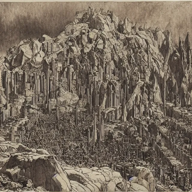 Image similar to artwork by Franklin Booth showing the fall of the city of Babylon