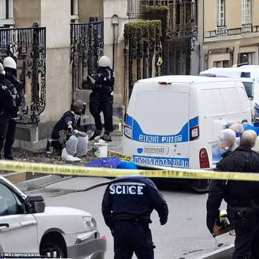 Prompt: Several agents of the scientific police collecting evidence on a crime scene in a Parisian apartment