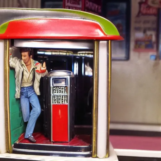 Image similar to diorama of fonzie next to a jukebox in a 1 9 5 0 s diner