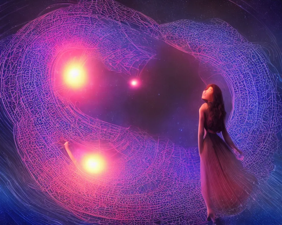 Image similar to a beautiful whimsical woman standing under a multi-colored binary blackhole with an accretion disc, casting magic, glowing trails following her arms, intricate repeating geometric patterns, fractals, by Ross Tran, by Greg Rutkowski, by artgerm, by beeple, by moebius, cinematic angle, volumetric lighting, 4k resolution, octane render, trending on artstation, masterpiece