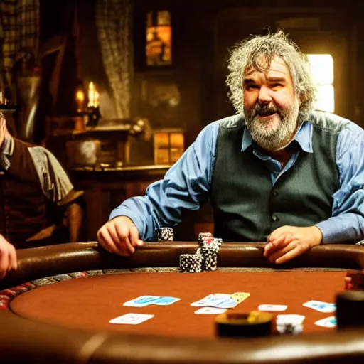 Image similar to Peter Jackson playing poker in wild west saloon, feature shotguns, dramatic lighting