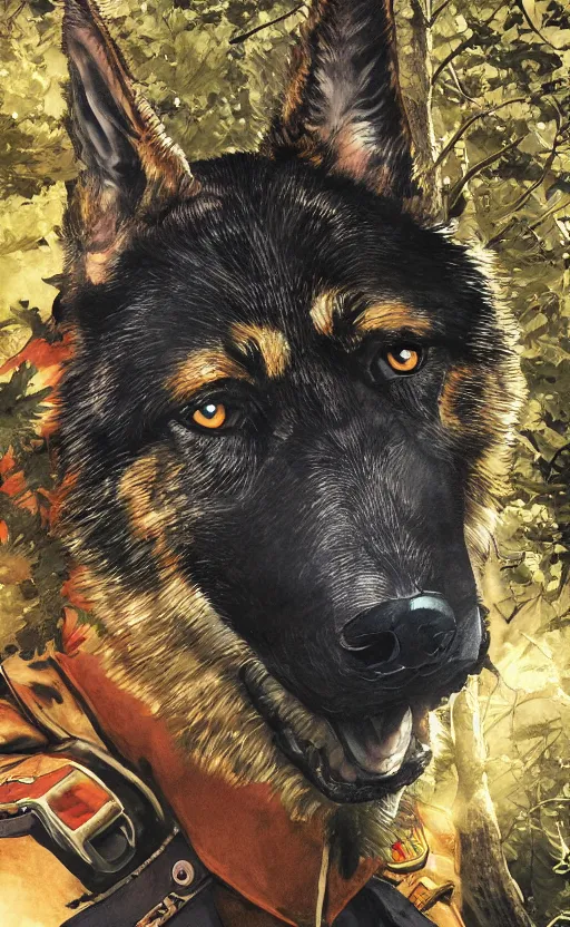 Image similar to close up character portrait icon of the german shepard beast - man military uniform head animal person wearing clothes standing in the bright forest, hidari, color page, tankoban, 4 k, tone mapping, akihiko yoshida