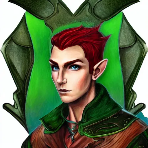 Prompt: D&D portrait male half elf artificer, red hair shaved on the sides, white coat, sharp face, green eyes digital illustration by terese nielsen