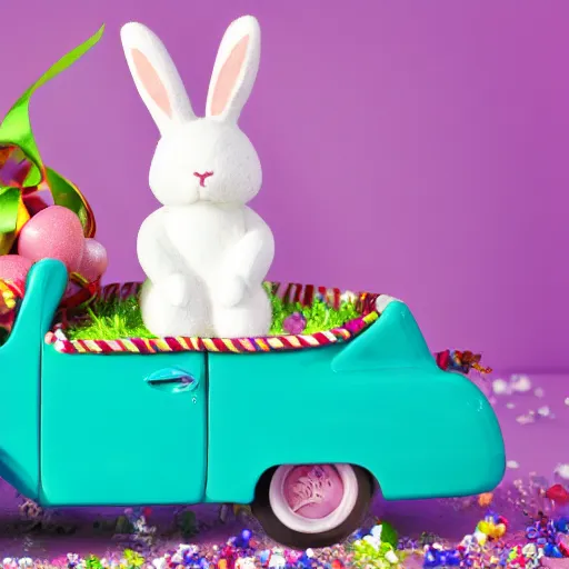 Image similar to easter bunny riding a convertible, studio photo, high quality