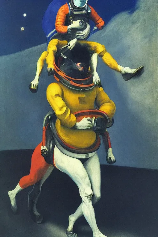 Image similar to astronaut carrying a horse on his shoulders, hauntingly surreal, highly detailed painting by francis bacon, edward hopper, adrian ghenie, gerhard richter, and james jean soft light 4 k,