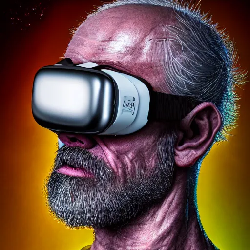 Image similar to Colour Caravaggio Bosch style Photography of Highly detailed Man with reflecting glowing skin with highly detailed 1000 years old face with reflecting glowing skin wearing highly detailed sci-fi VR headset designed by Josan Gonzalez. Many details . In style of Josan Gonzalez and Mike Winkelmann and andgreg rutkowski and alphonse muchaand and Caspar David Friedrich and Stephen Hickman and James Gurney and Hiromasa Ogura. Rendered in Blender and Octane Render volumetric natural light