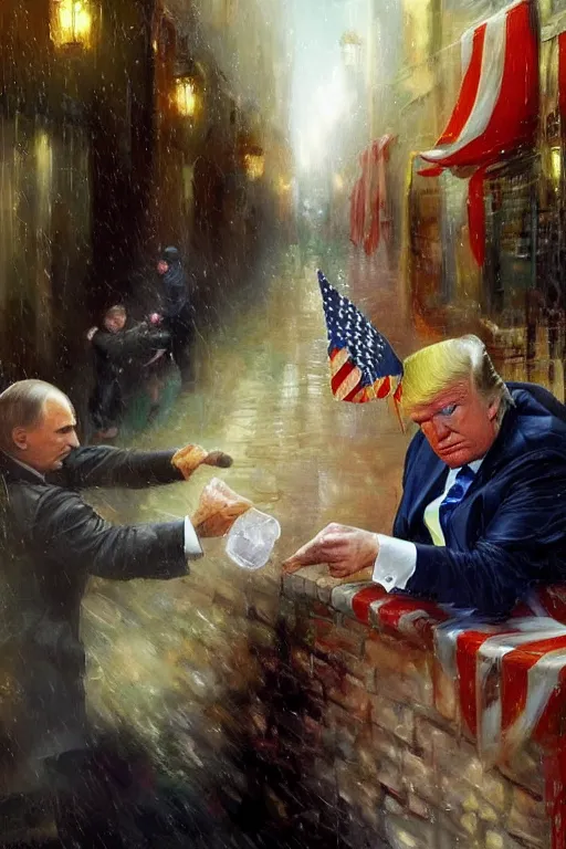 Prompt: donald trump buying drugs from vladimir putin in a dark raining city alley by adrian smith and wlop and vladimir volegov and alexander averin and delphin enjolras