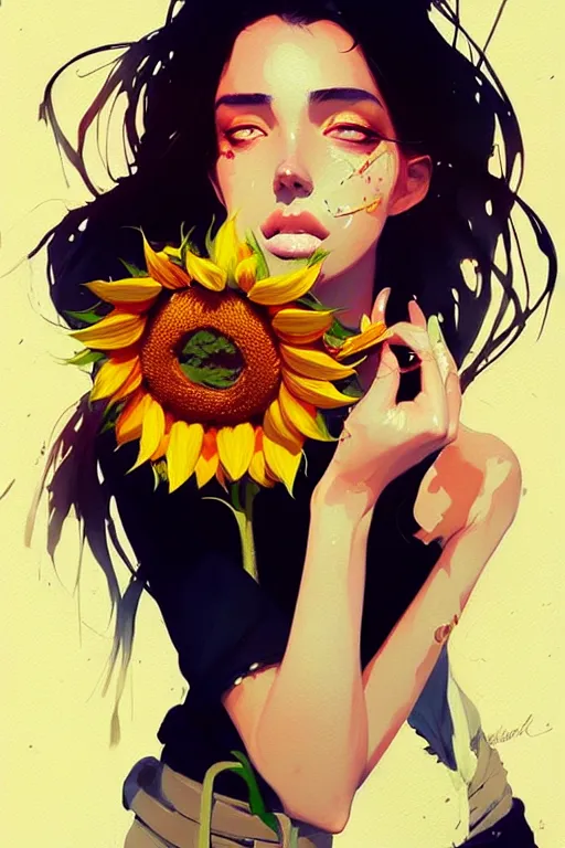 Image similar to a ultradetailed beautiful panting of a stylish woman holding a sunflower, by conrad roset, greg rutkowski and makoto shinkai, trending on artstation