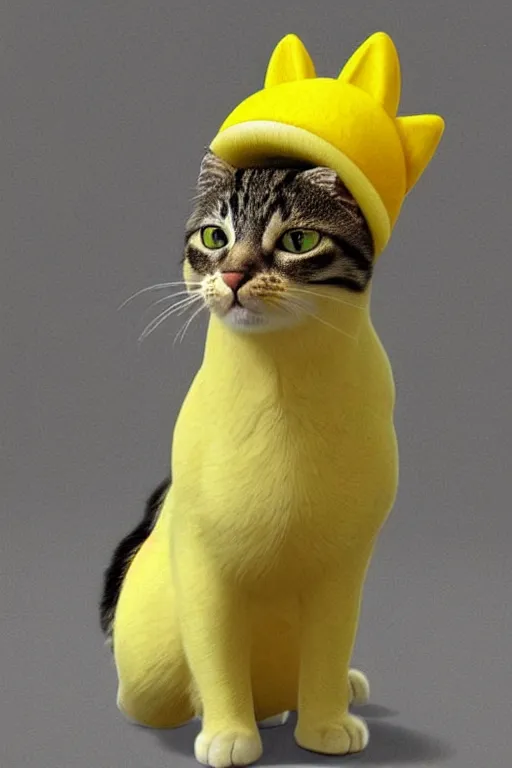 Image similar to realistic photo of an adorable cat wearing a banana hat, highly detailed,