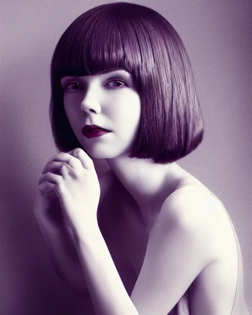 Prompt: colleen moore 2 2 years old, bob haircut, portrait casting long shadows, resting head on hands, by ross tran