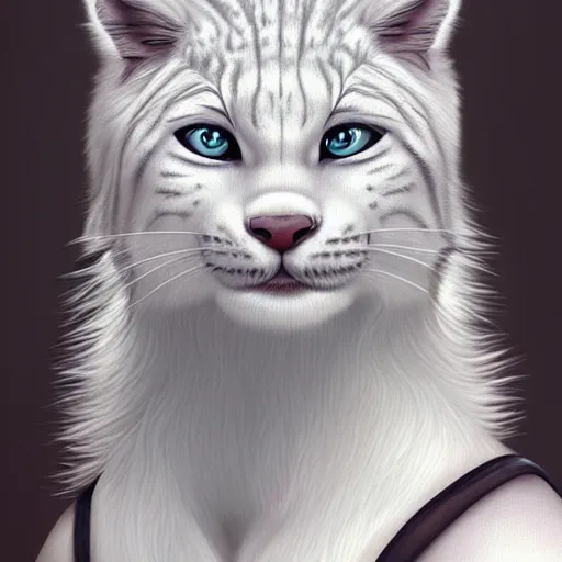 Image similar to beautiful realistic portrait of white anthropomorphic lynx cat by artgerm, furry fantasy art