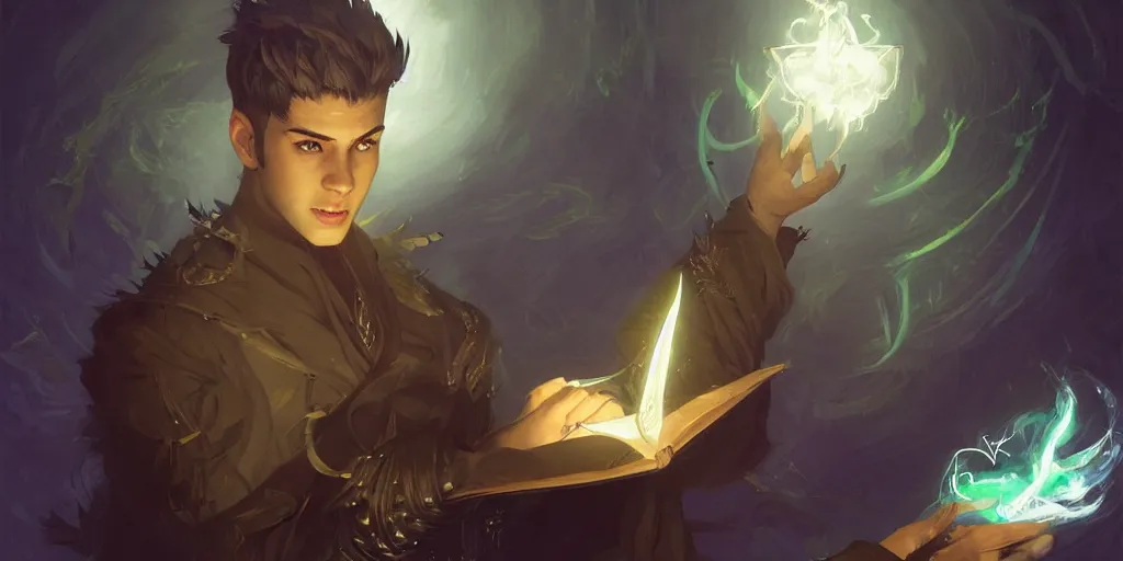Prompt: character concept portrait of a handsome young wizard with olive skin and buzzed short spiky hairstyle casting a glowing spell with glowing runes, a floating iridescent spell book, intricate, elegant, digital painting, concept art, smooth, sharp focus, illustration, from Metal Gear, by Ruan Jia and Mandy Jurgens and Artgerm and William-Adolphe Bouguereau