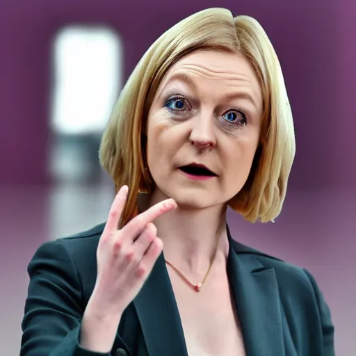 Image similar to a photo of a lizard - person, reptilian, scales, leather, slit pupils, hyperrealistic, ( ( ( ( ( ( liz truss ) ) ) ) ) )