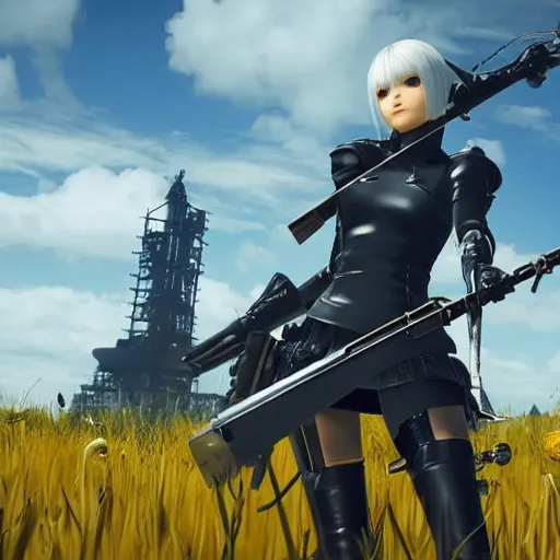 Prompt: a high resolution very detailed image of a 2 wielding a rocket launcher in russian tank boss fight from nier : automata in yellow rye field under pure blue skies