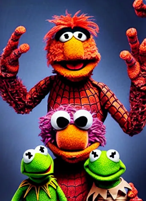 Image similar to studio portrait still of muppet!!!!! spiderman in avengers endgame!!!!!! as a muppet muppet as a muppet, 8 k, studio lighting, key light,