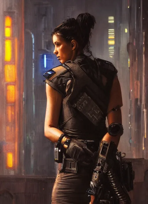 Prompt: 👩🏾🏭. cyberpunk police trooper in a military vest ( blade runner 2 0 4 9, cyberpunk 2 0 7 7 ). orientalist portrait by john william waterhouse and james gurney and theodore ralli and nasreddine dinet, oil on canvas. cinematic, hyper realism, realistic proportions, dramatic lighting, high detail 4 k