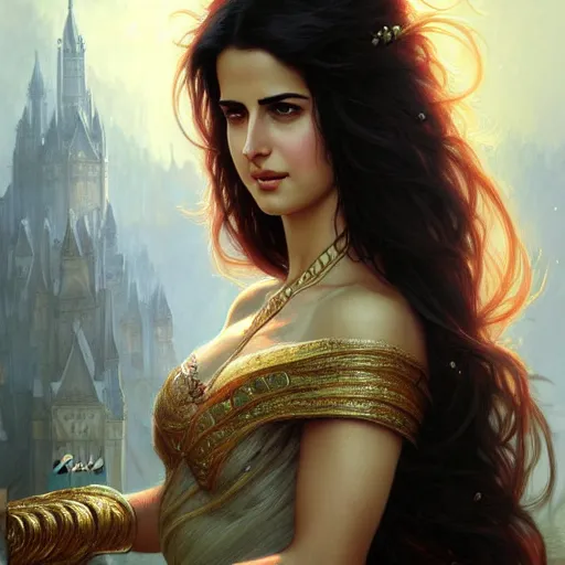 Image similar to beautiful young katrina kaif, closeup, d & d, fantasy, intricate, elegant, highly detailed, digital painting, artstation, concept art, matte, sharp focus, illustration, art by artgerm and greg rutkowski and alphonse mucha