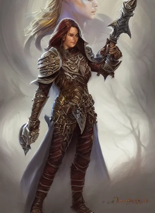 Image similar to female paladin, ultra detailed fantasy, dndbeyond, bright, colourful, realistic, dnd character portrait, full body, pathfinder, pinterest, art by ralph horsley, dnd, rpg, lotr game design fanart by concept art, behance hd, artstation, deviantart, hdr render in unreal engine 5