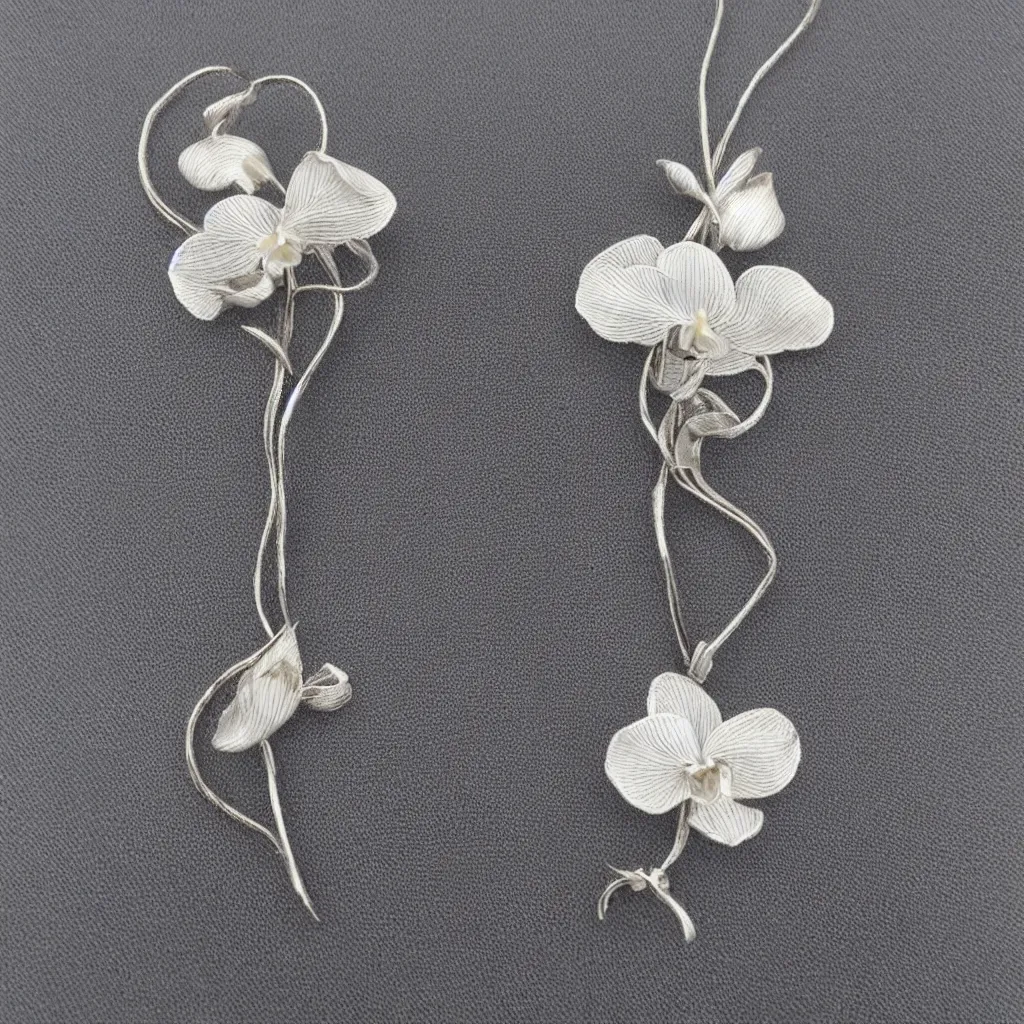 Image similar to Silver embroidered orchid amulet, realistic, clean, 4k, highly detailed