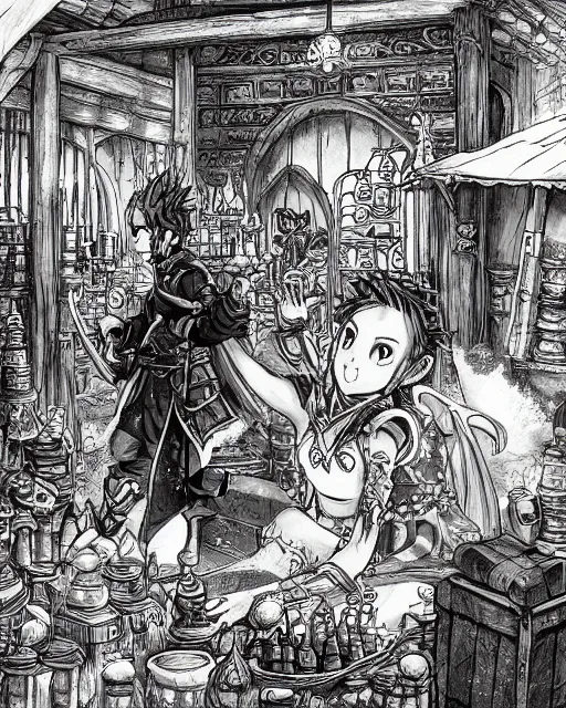 Image similar to A merchant selling treasuries and potions, high detailed store, black and white, fantasy art, goblin art, in the style of masami kurumada, illustration, epic, fantasy, intricate, hyper detailed, artstation, concept art, smooth, sharp focus, ray tracing