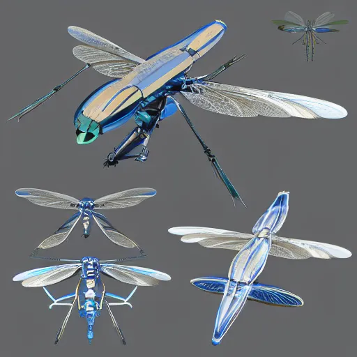 Image similar to a mechanized dragonfly with wings spread out, landing gear for legs, orthographic view, top down view, bottom view, side view, blueprints, mecha, helicopter, space shuttle, robotic, highly detailed, artstation, super realistic, unreal engine