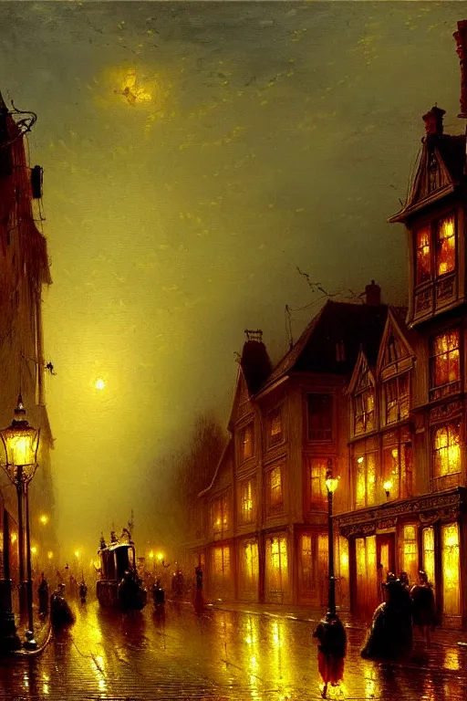 Image similar to detailed painting of a victorian living capsule architecture, autumn dusk, street lights, filigree ornaments, andreas achenbach