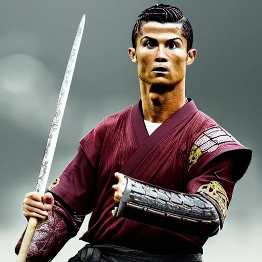 Image similar to Cristiano Ronaldo as samurai, a film still