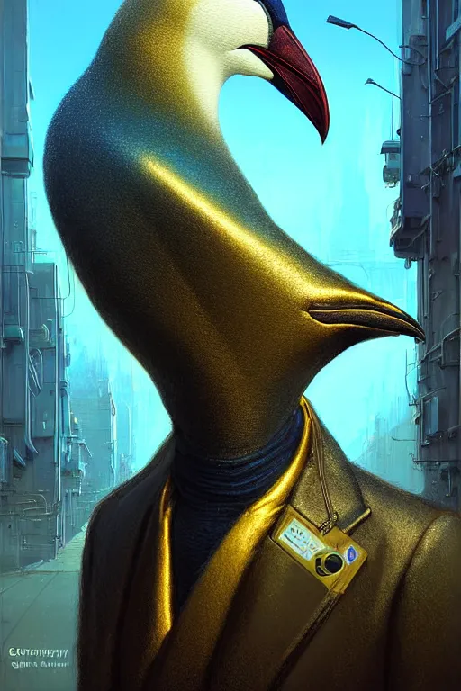 Image similar to A solarpunk very highly detailed Anthropomorphic cybertronic penguin with very highly detailed face on the street of a very highly detailed solarpunk sci-fi city digital rational painting art by Greg Rutkowski, sci-fi highly detailed, digital concept art, Dimensional cyan gold natural light, sharp focus, Golden Ratio illustration, realistic concept art by Stephen Hickman and James Gurney and Hiromasa Ogura Ghost in the Shell rendered in VRAY, From the distance