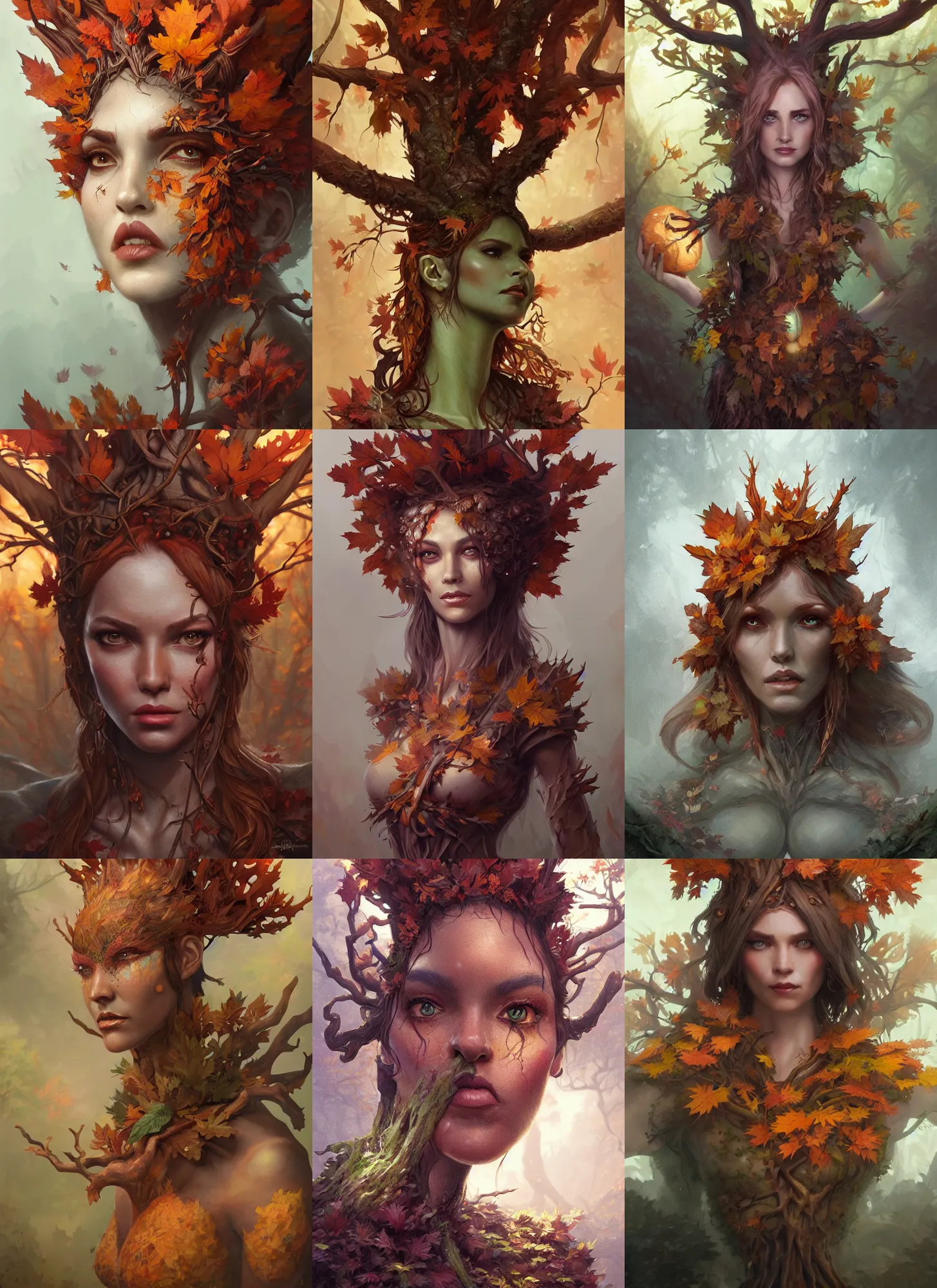 Prompt: autumnal treant goddess, d & d, fantasy, portrait, highly detailed, digital painting, trending on artstation, concept art, sharp focus, illustration, art by artgerm and greg rutkowski and magali villeneuve