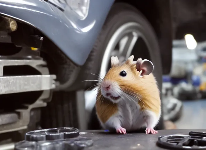 Image similar to film still of a hamster working as a mechanic in an auto shop, 8 k