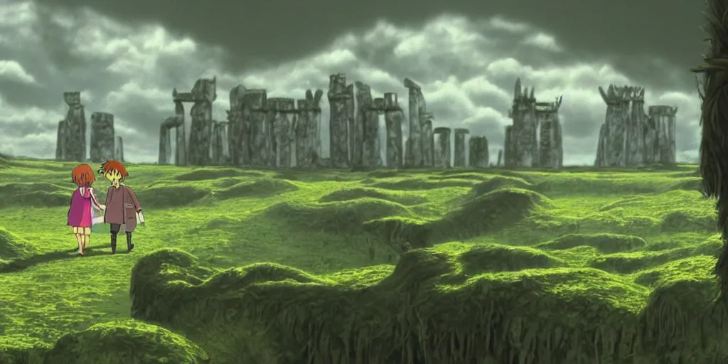 Image similar to a cell - shaded cartoon movie still from howl's moving castle ( 2 0 0 4 ) of a zombies in a flooded rainforest valley. stonehenge is seen in the background with shafts of sunlight from above. wide shot, very dull muted colors, hd, 4 k, hq