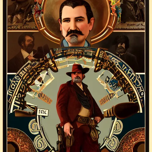 Image similar to a detailed portrait most wanted poster ted cruz dressed like santa ana as an old west bandit, long twirling moustache, by alphonse mucha and albert bierstadt and thomas moran and charles russel, god rays, intricate detail, cinematic, 8 k, featured on artstation, pixiv