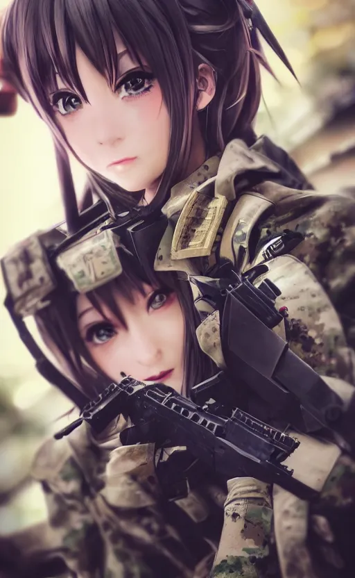 Image similar to portrait photo, highly detailed, high resolution, cosplay photo, stunning, girls frontline style, bokeh soft, 100mm, trending on instagram, by professional photographer, realistic human anatomy, real human faces, realistic military carrier, soldier clothing, modern warfare, realistic weapon, shot with a canon, low saturation