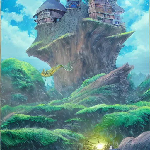 Image similar to a Pagemaster book in the style of Studio Ghibli, realistic painting, high definition, digital art, matte painting, very detailed, realistic