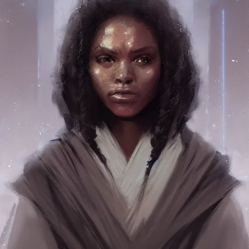 Image similar to portrait of a woman by greg rutkowski, youn jedi knight, black, afro hair, prettt, star wars expanded universe, she is about 2 0 years old, wearing jedi robes, highly detailed portrait, digital painting, artstation, concept art, smooth, sharp foccus ilustration, artstation hq