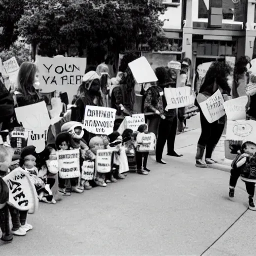 Image similar to babies protesting in front of a daycare center