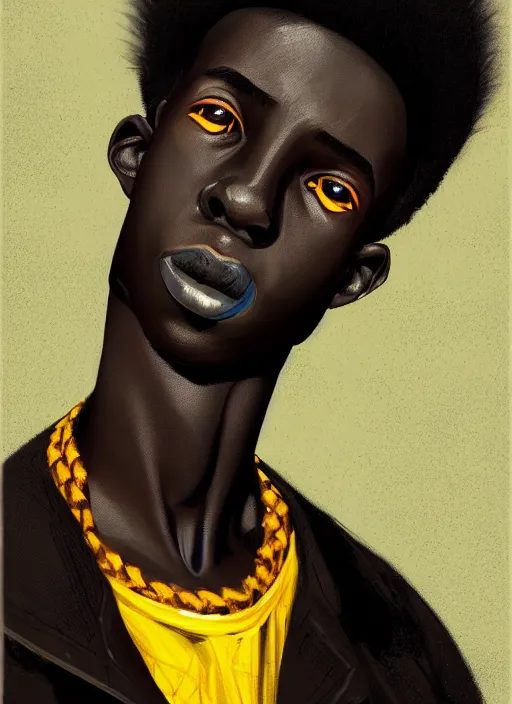 Prompt: portrait of a african teen boy with a crooked nose and a confident expression, 1 9 6 0 s, black clothes, goth, punk, brightly coloured hair, funk, intricate, elegant, highly detailed, digital painting, artstation, concept art, smooth, sharp focus, illustration, art by wlop, mars ravelo and greg rutkowski