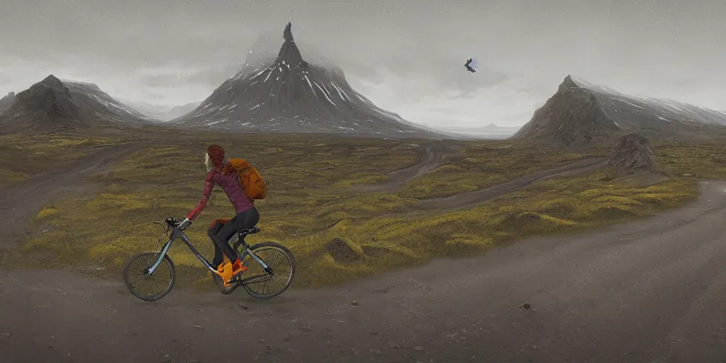 Image similar to A digital painting by Simon Stålenhag of a woman in north face clothes on a touring bike on a gravel road of Iceland. The bike has vaude saddlebags mounted on the rack of the bike. Around the road there are monumental old ruins tower of a dark misty forest,overcast, sci-fi