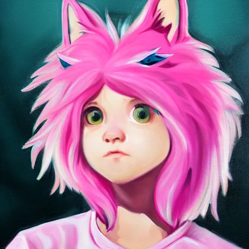 Image similar to a painting of a cute boy with pink hair and pink wolf ears, artstation, artistic, highly detailed