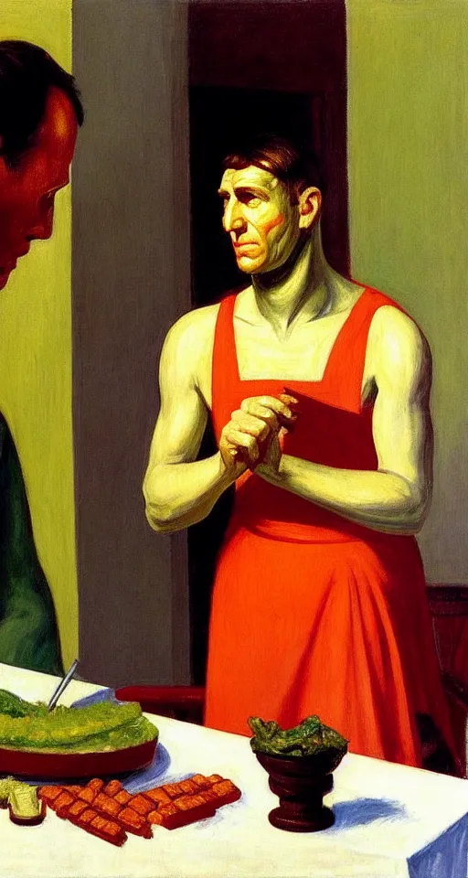 Prompt: julius caesar eating a ceasar salad painted by edward hopper