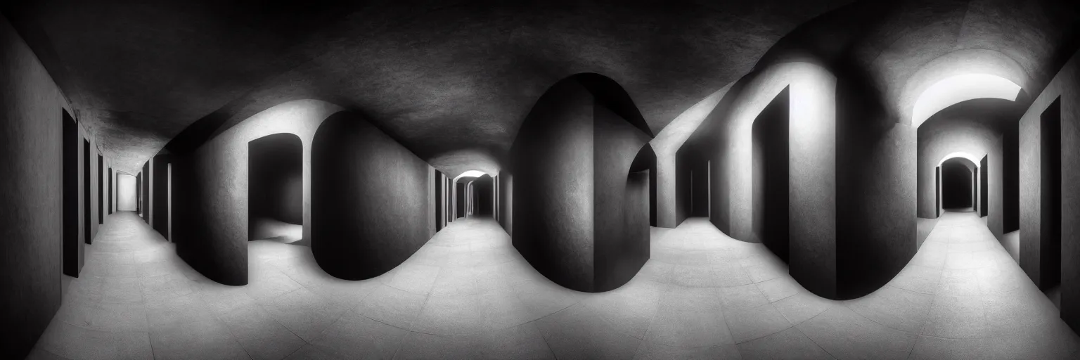 Prompt: volumetric shadows, volumetric lighting, black goya painting of underground, basement, fisheye, curved perspective, naive, extra narrow, modern hallway, many old tvs, staricase, doors, red large floor, by rhads and gaudi