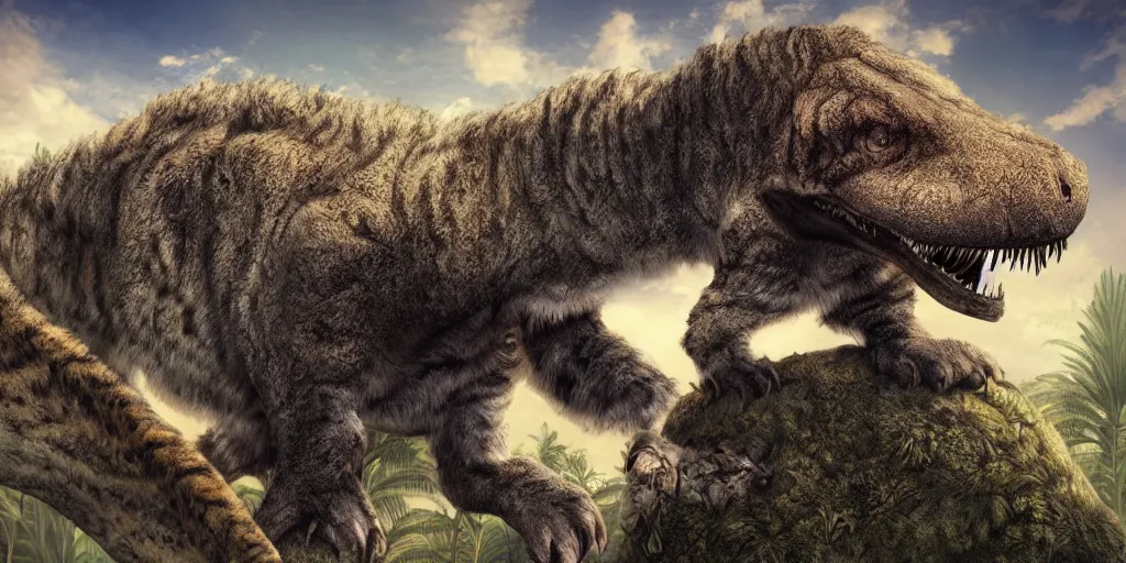 Prompt: photo realism, cat sitting on very fluffy tyrannosaurus rex, jungle background, 4 k, detailed